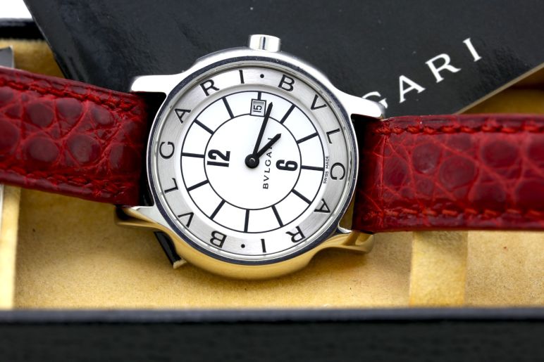 Bulgari Solotempo ST29S Steel Quartz Red Leather Strap 29mm